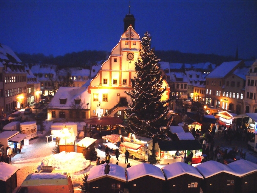 Weihnachtsmarkt mit beleuchtetem Baum vor einem historischen Rathaus